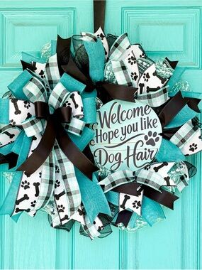 Welcome Dog Lover Wreath in Teal, Black & White